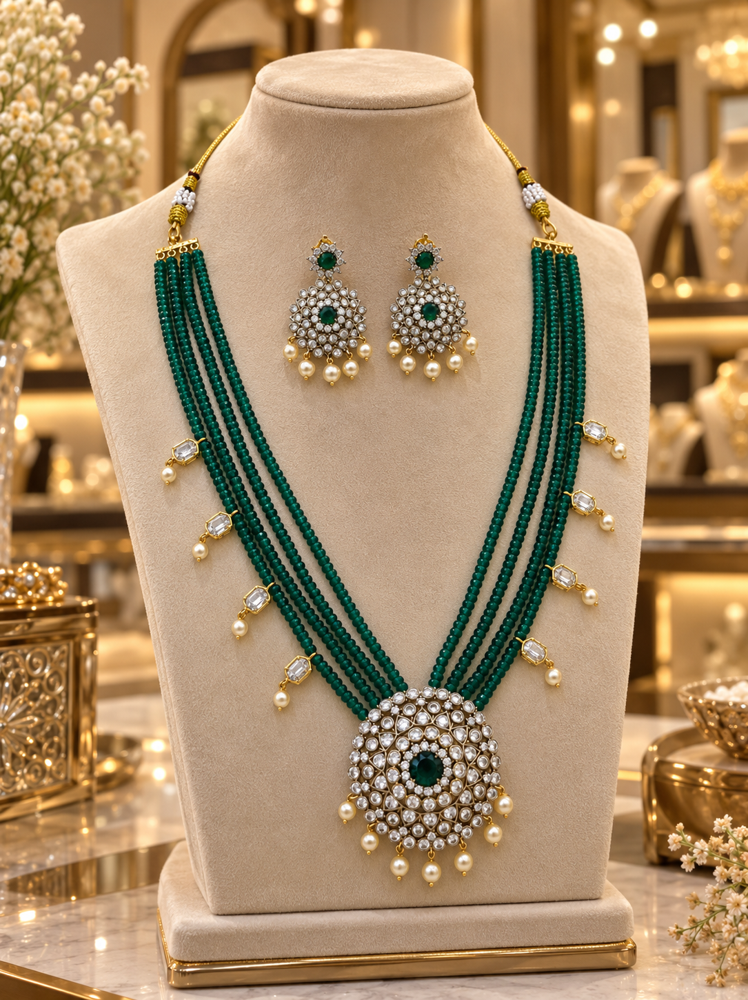 Royal Emerald Green Kundan Necklace Set with Pearl Drops & Matching Earrings