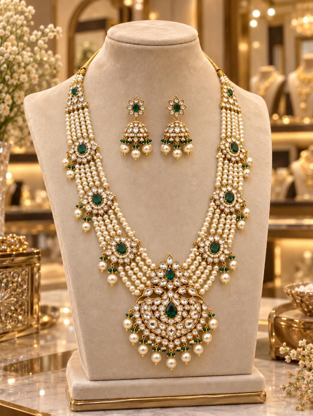 Royal Hyderabadi Pearl & Emerald Kundan Necklace Set with Jhumka Earrings