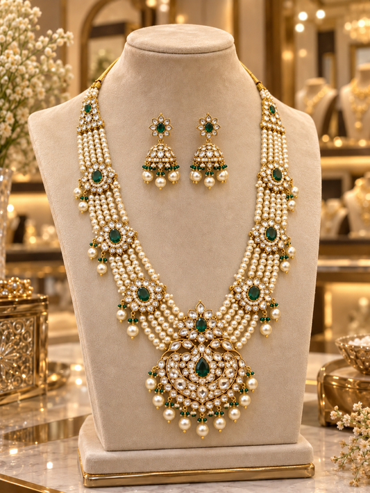 Royal Hyderabadi Pearl & Emerald Kundan Necklace Set with Jhumka Earrings