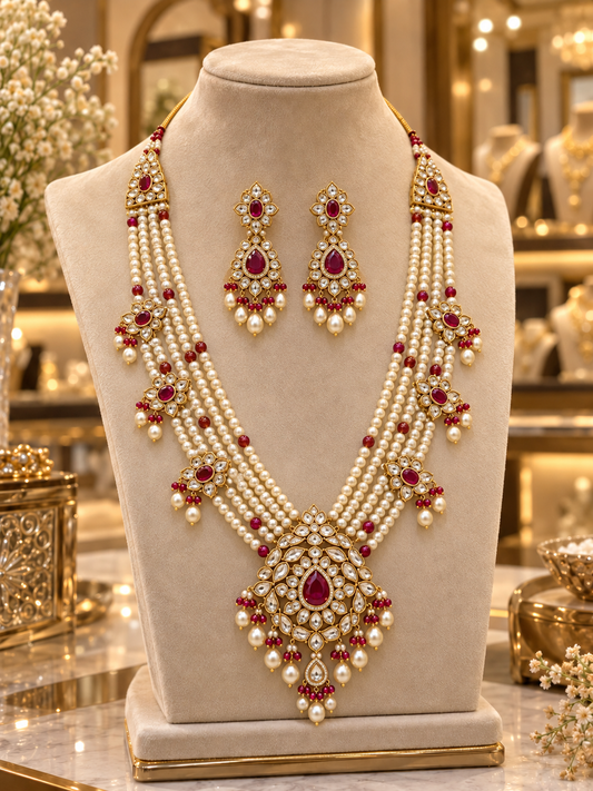 Royal Hyderabadi Ruby & Pearl Kundan Necklace Set with Matching Earrings
