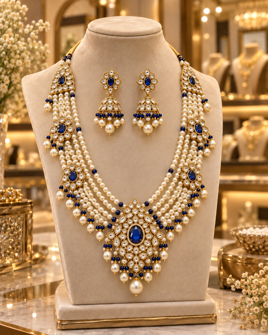 Royal Hyderabadi Sapphire & Pearl Kundan Necklace Set with Jhumka Earrings
